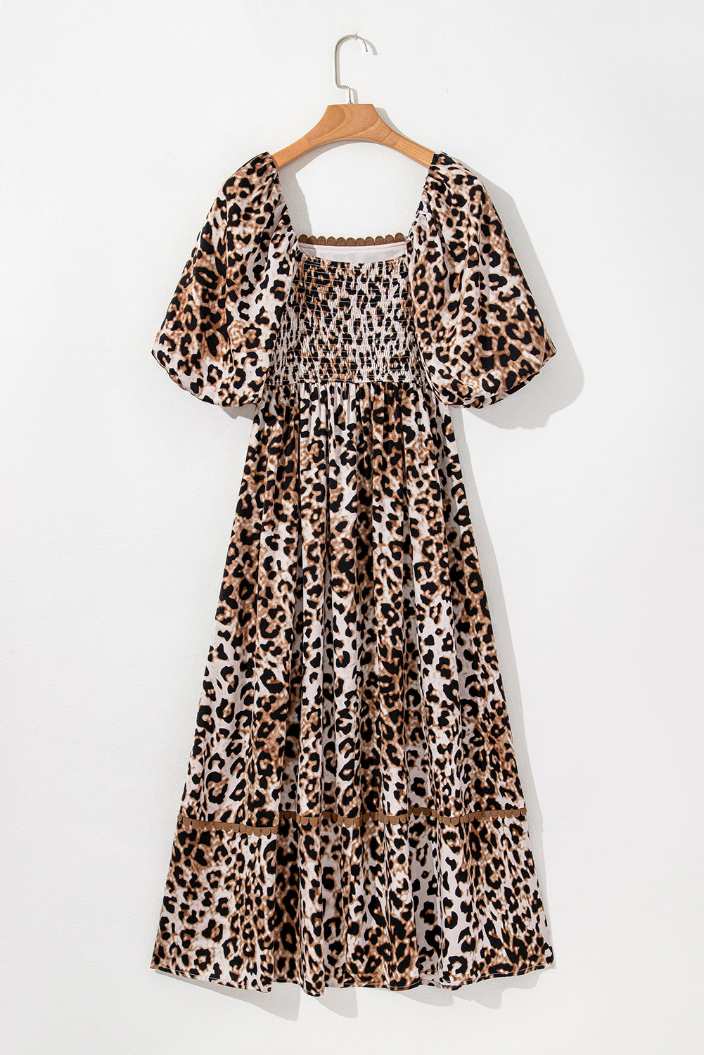 Brown Leopard Print Puff Sleeve Ricrac Maxi Dress