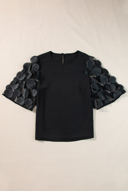 Black Contrast Applique Mesh Short Sleeve Blouse