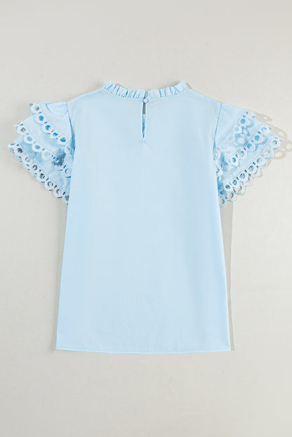 Light Blue Layered Ric Rac Cap Sleeve Blouse