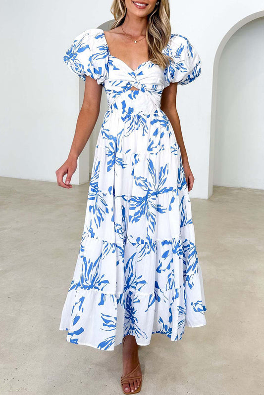 White and Blue Puff Sleeve Swing Maxi Dress