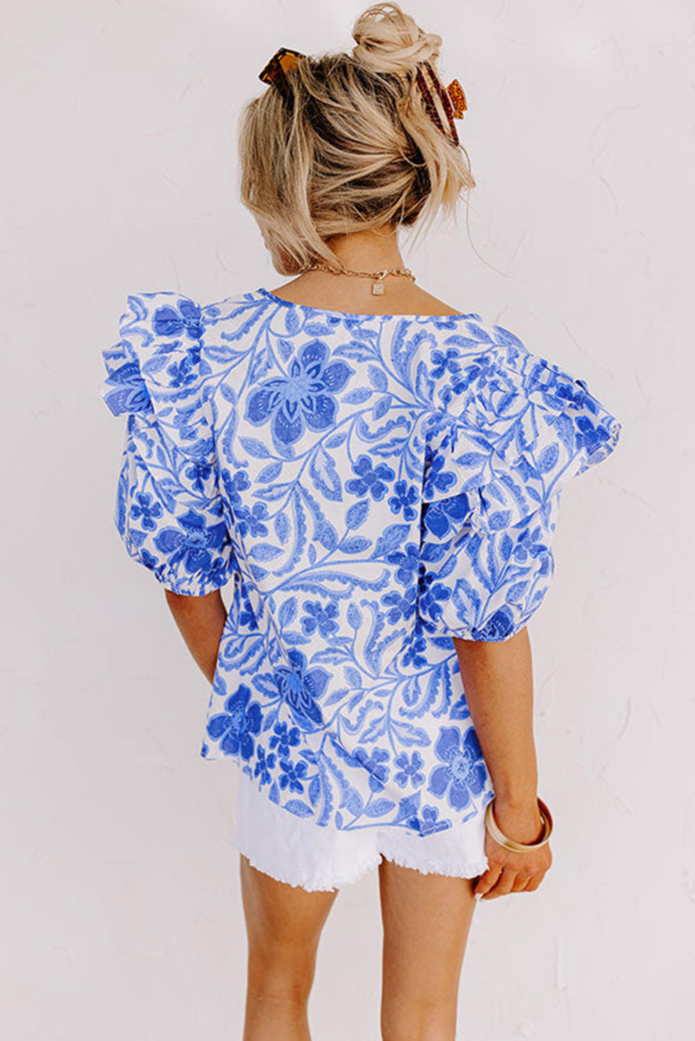 Blue Floral Print Ruffled Bubble Sleeve Blouse