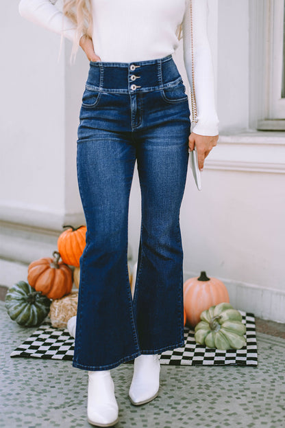 Blue Button Front Elastic Wide Waistband Back Flare Jeans