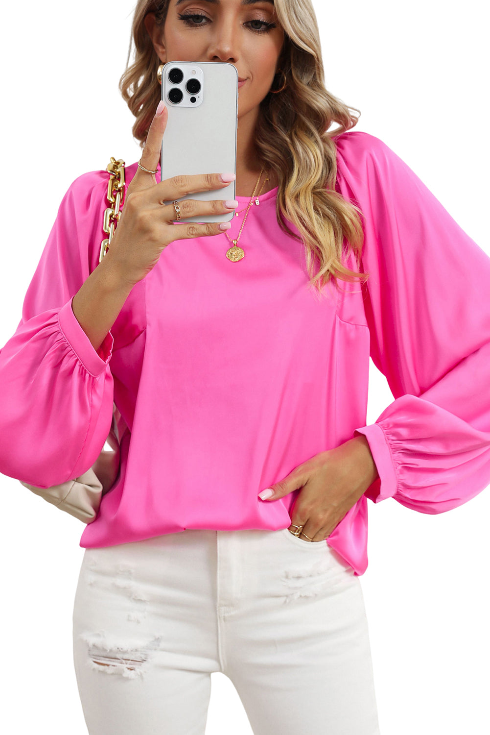 Plain Satin Puff Long Sleeve Crewneck Blouse