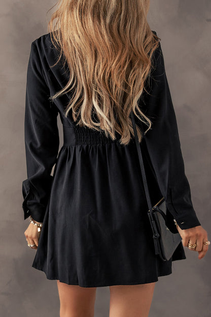 Black Cinched High Waist Long Sleeve Shirt Dress