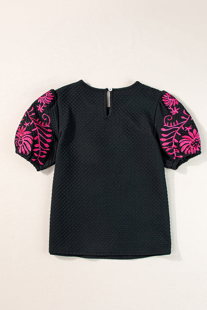 Black Floral Embroidered Puff Sleeve Shirt