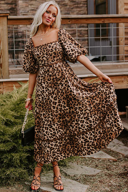 Brown Leopard Print Puff Sleeve Ricrac Maxi Dress