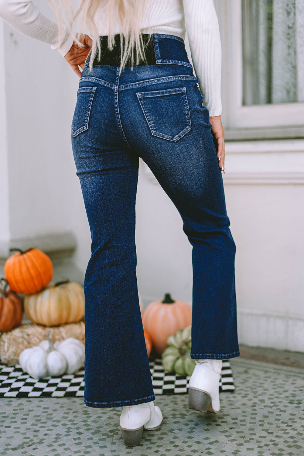 Blue Button Front Elastic Wide Waistband Back Flare Jeans