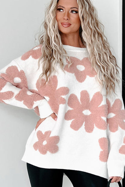 White Flower Print Loose Sweater