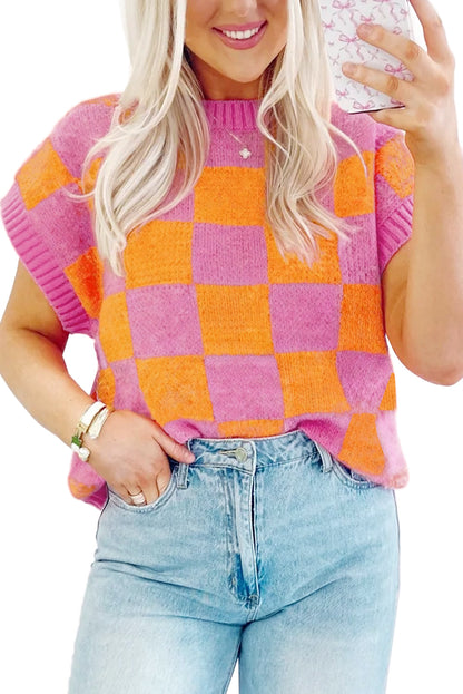 Strawberry Pink Colorblock Plaid Knit Dolman Top