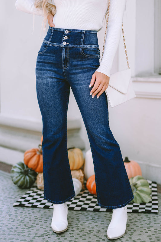 Blue Button Front Elastic Wide Waistband Back Flare Jeans