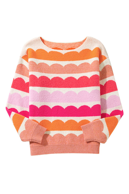 Wave Striped Balloon Sleeve Drop Shoulder Sweater