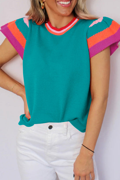 Turquoise Contrast Flutter Sleeves Knitted Sweater Shirt