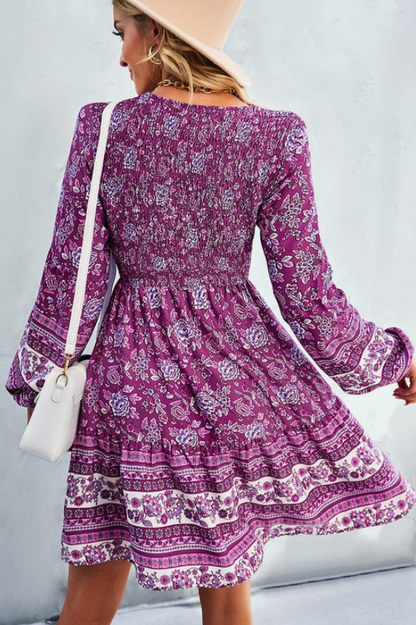 Purple Floral Print Long Sleeve Dress