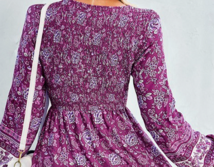 Purple Floral Print Long Sleeve Dress