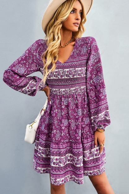 Purple Floral Print Long Sleeve Dress