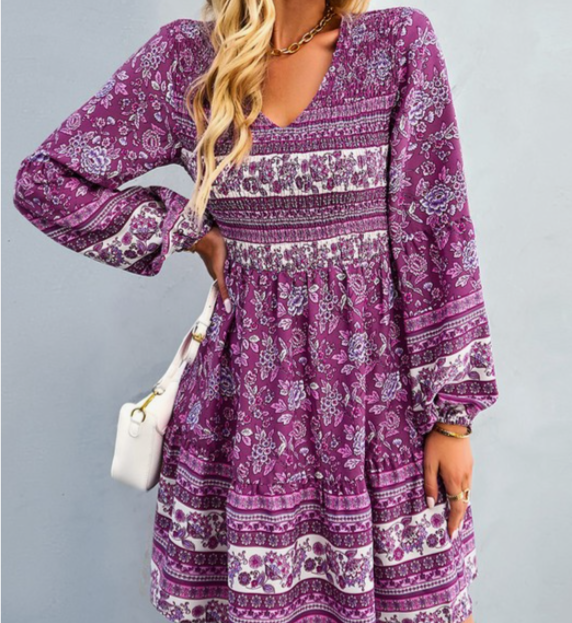 Purple Floral Print Long Sleeve Dress