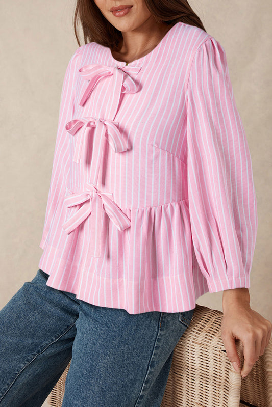 Pink Stripe Bow Front Puff Sleeve Blouse