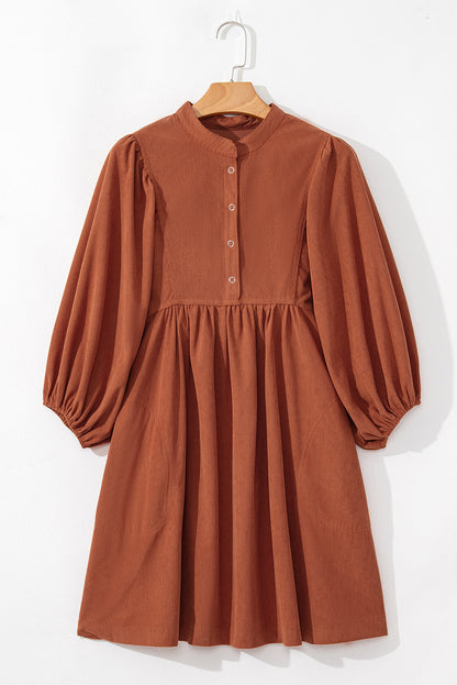 Snap Button Empire Waist Lantern Sleeve Corduroy Dress