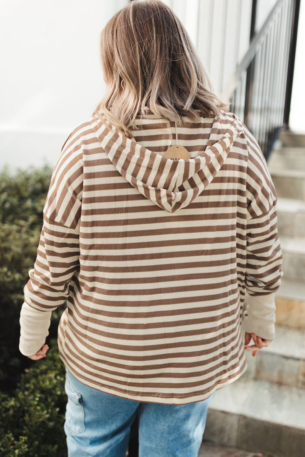 Plus Size Brown Stripe Drop Sleeve Henley Hoodie