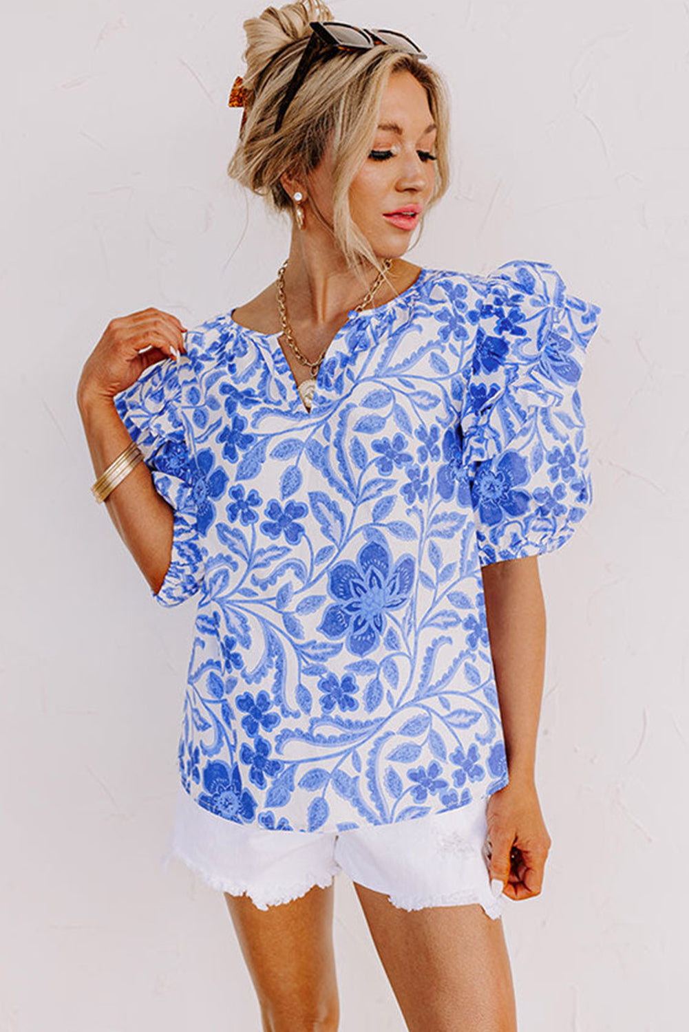 Blue Floral Print Ruffled Bubble Sleeve Blouse