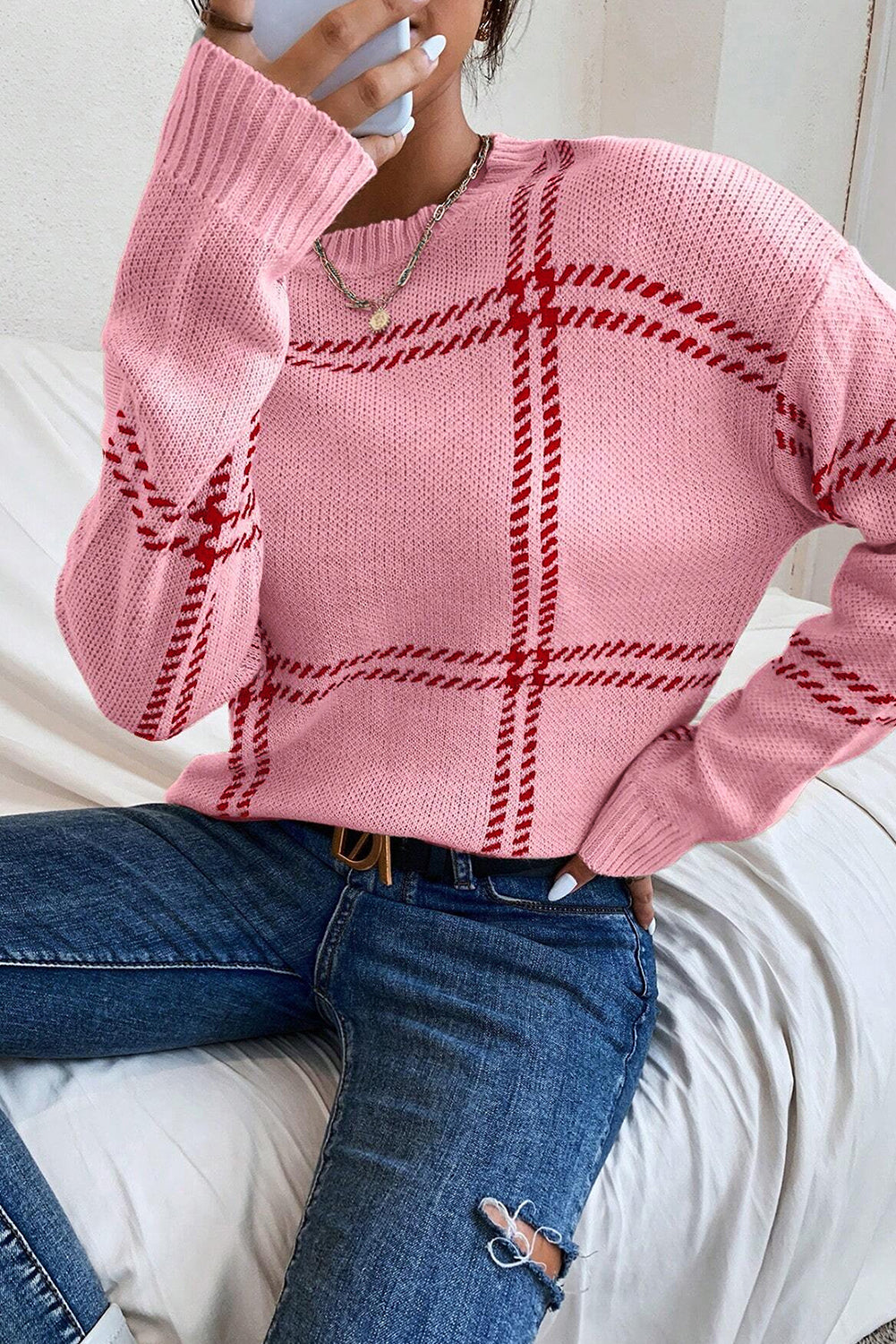 Plaid Pattern Knitted Drop Shoulder Sweater