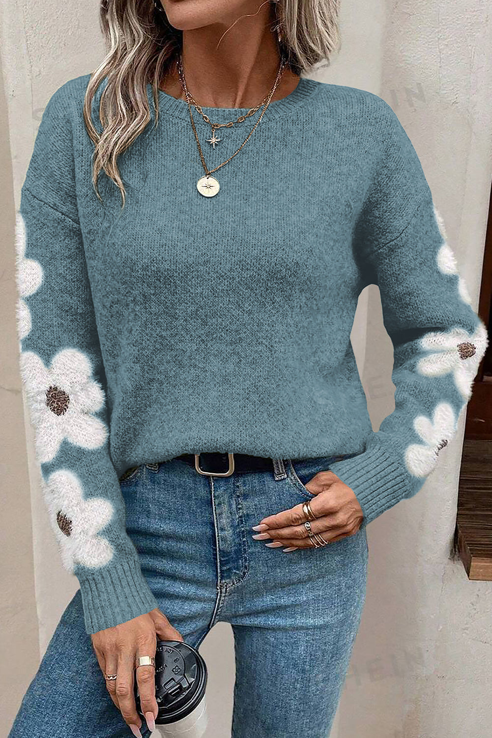 Light Grey Flower Sleeve Drop Shoulder Sweater