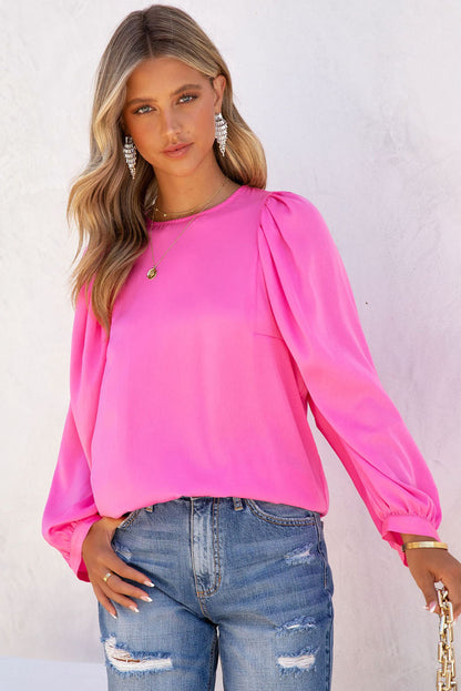 Plain Satin Puff Long Sleeve Crewneck Blouse