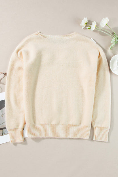 Knitted Flower Pattern Ribbed Edge Sweater