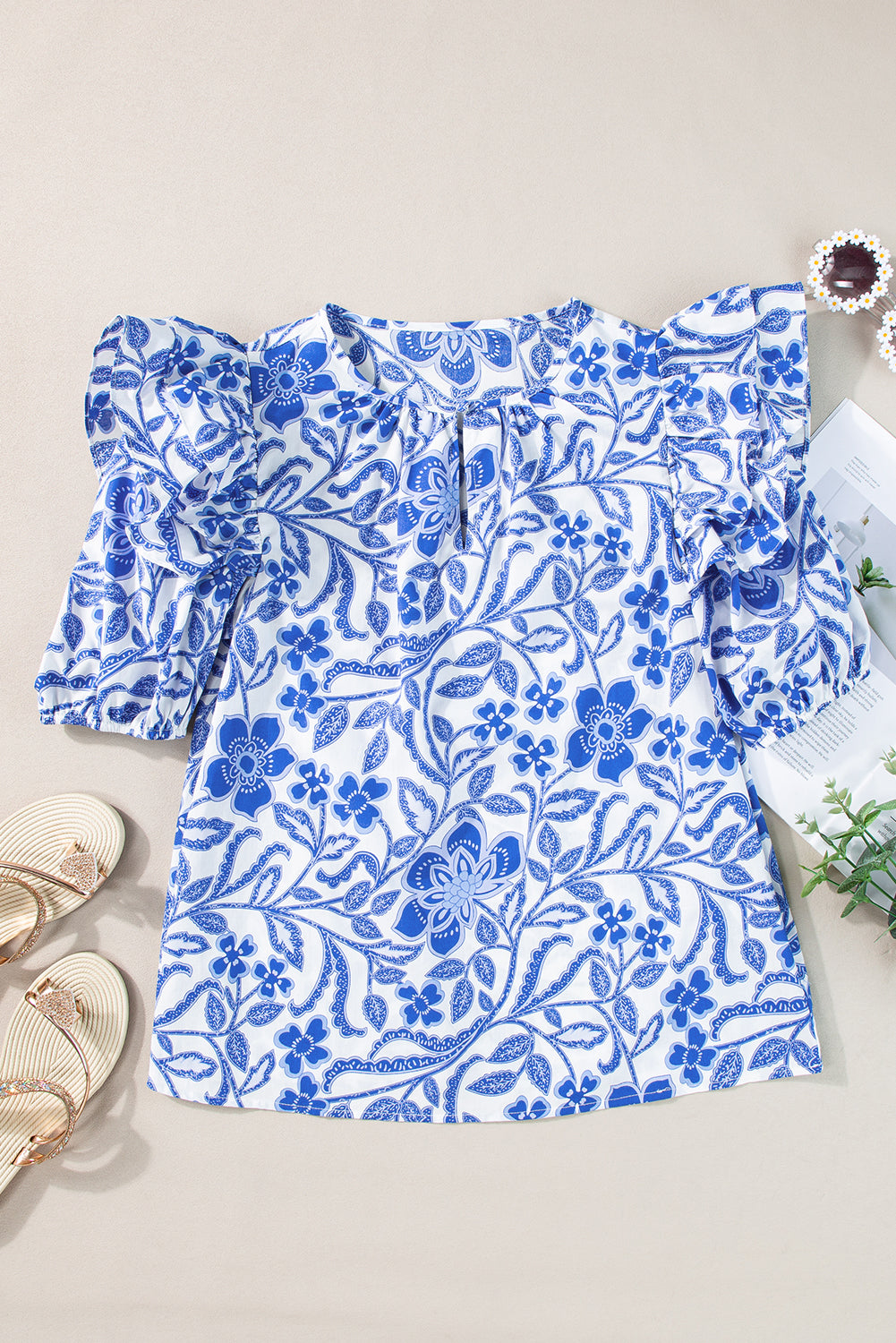 Blue Floral Print Ruffled Bubble Sleeve Blouse