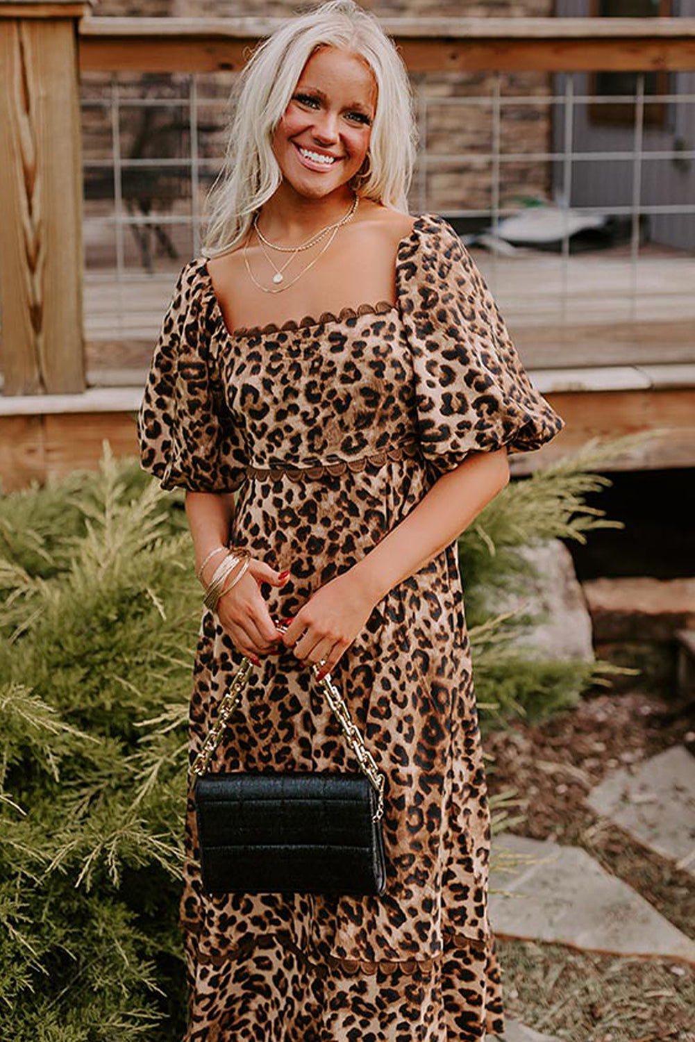 Brown Leopard Print Puff Sleeve Ricrac Maxi Dress