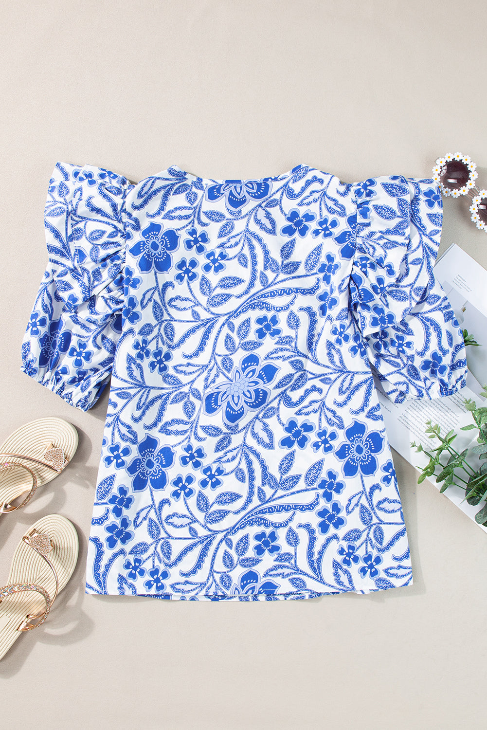 Blue Floral Print Ruffled Bubble Sleeve Blouse