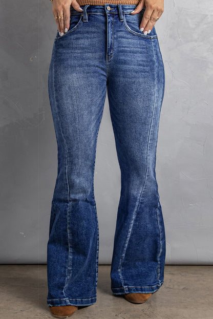 Plus Size Dark Blue Stitching Washed Flare Jeans