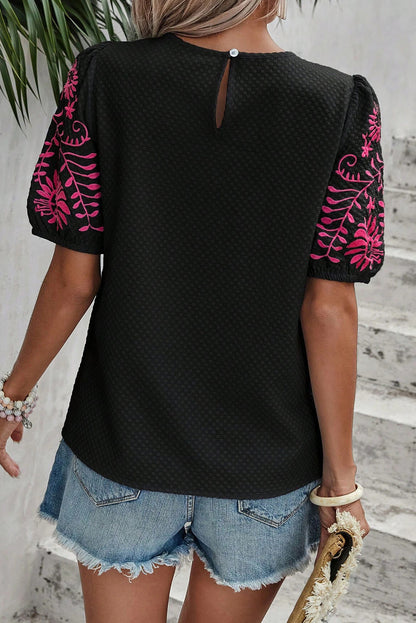 Black Floral Embroidered Puff Sleeve Shirt