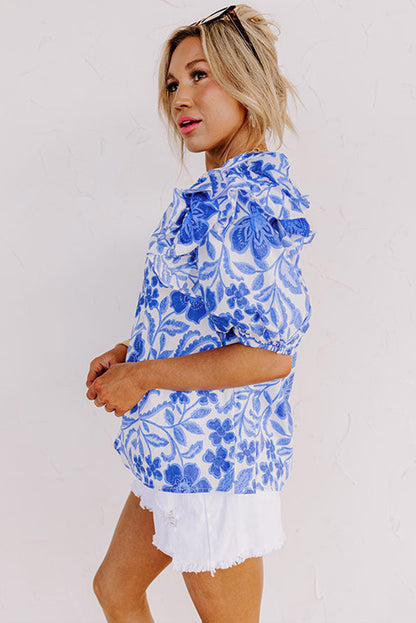 Blue Floral Print Ruffled Bubble Sleeve Blouse