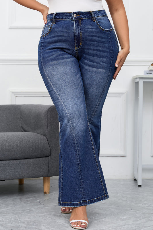 Plus Size Dark Blue Stitching Washed Flare Jeans