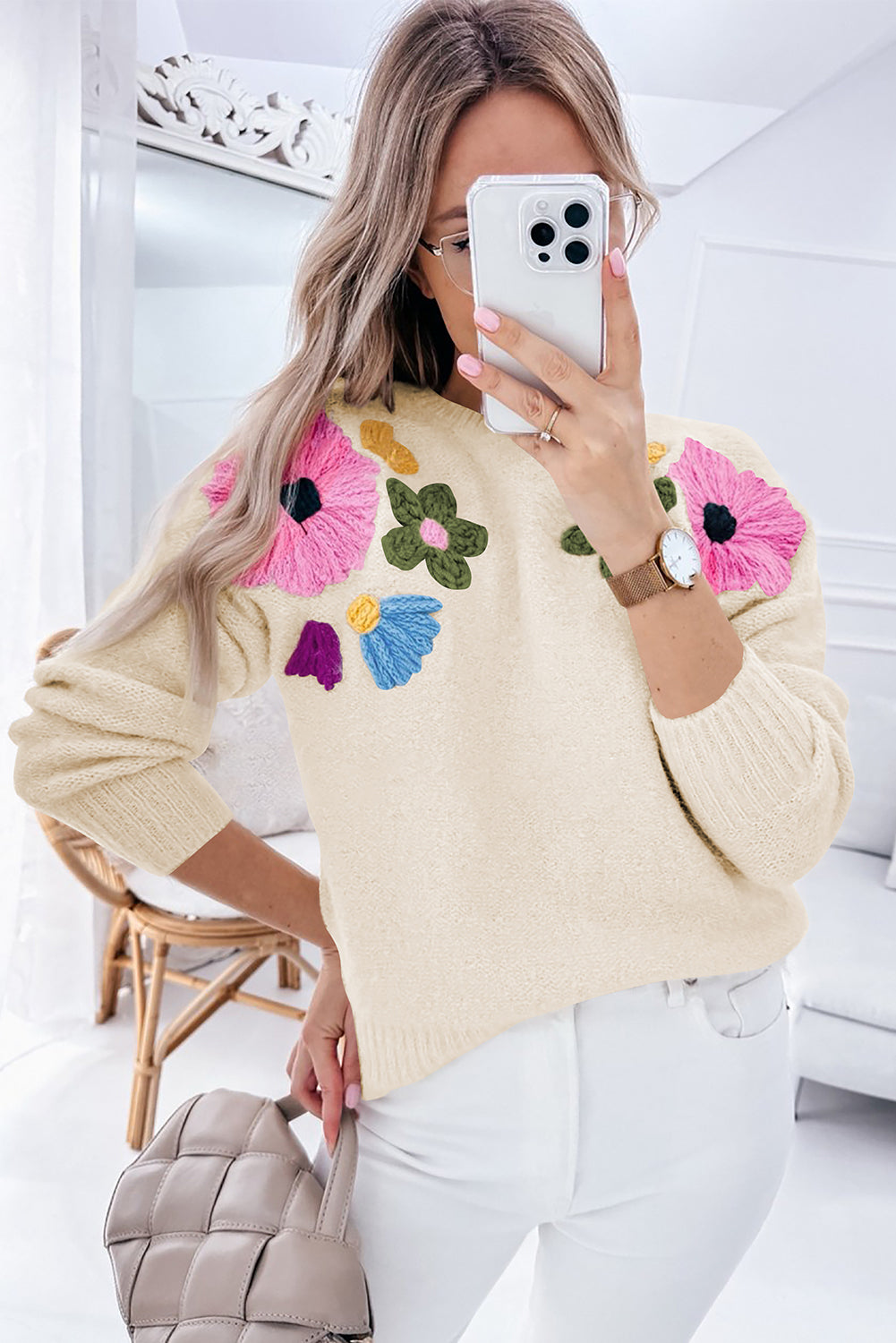 Knitted Flower Pattern Ribbed Edge Sweater