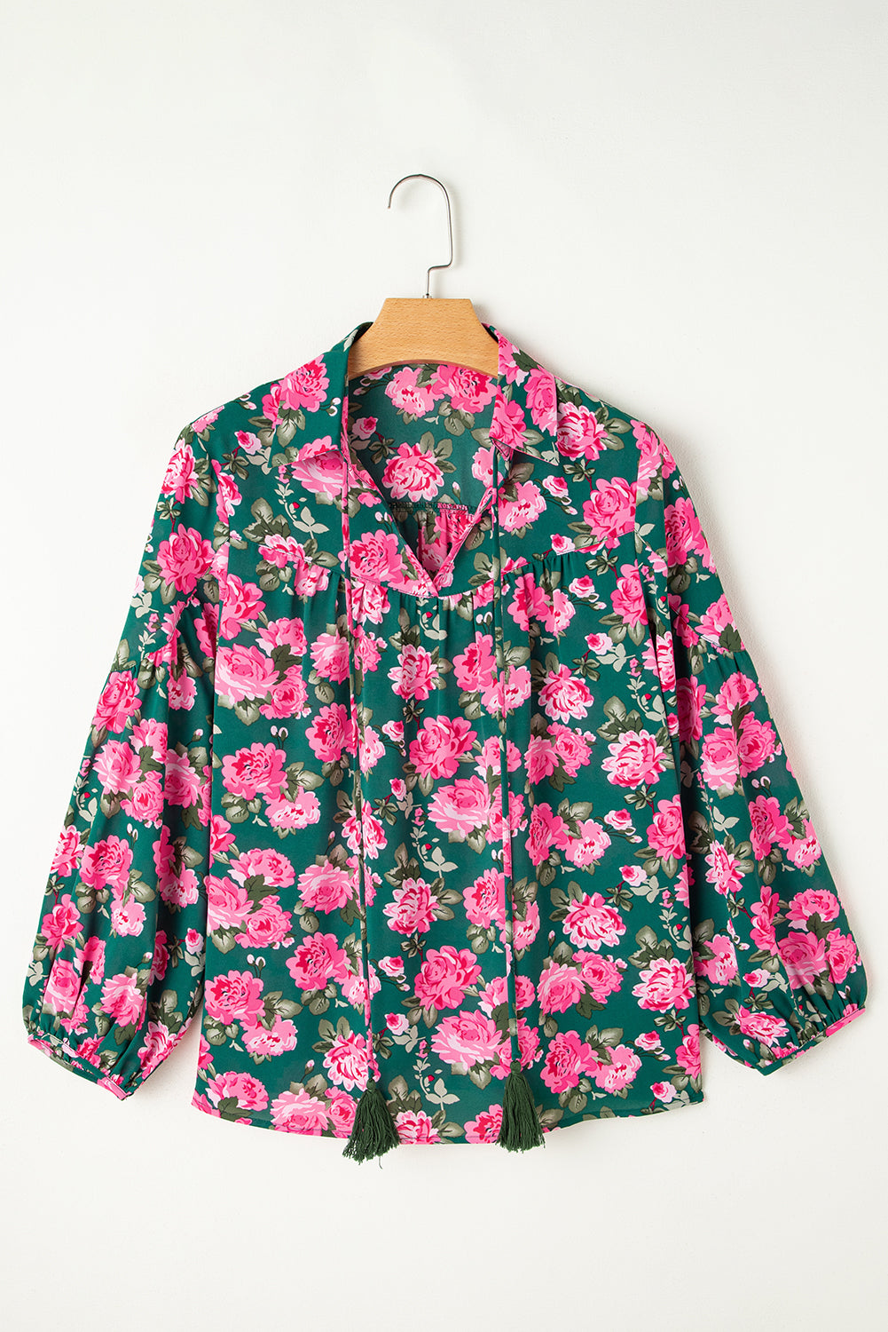 Green Floral Print Collared Puff Sleeve Blouse