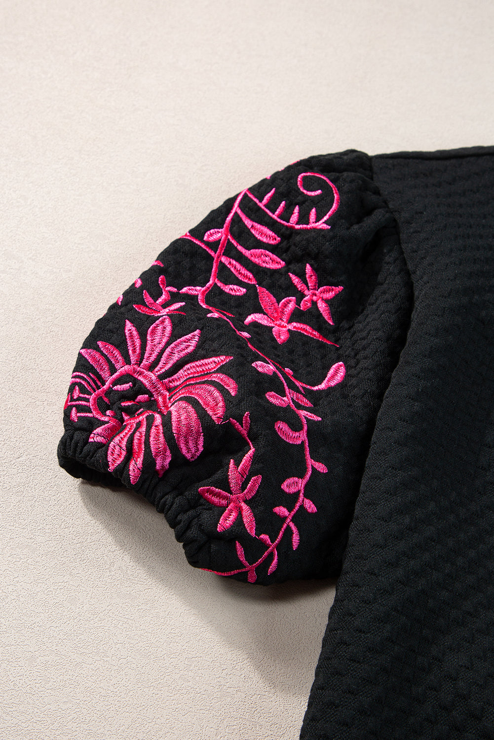 Black Floral Embroidered Puff Sleeve Shirt