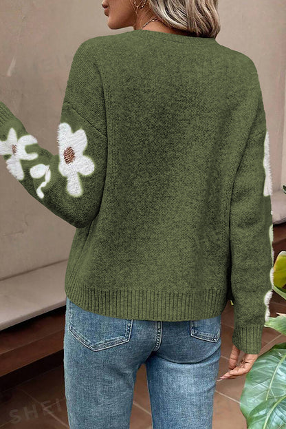 Light Grey Flower Sleeve Drop Shoulder Sweater