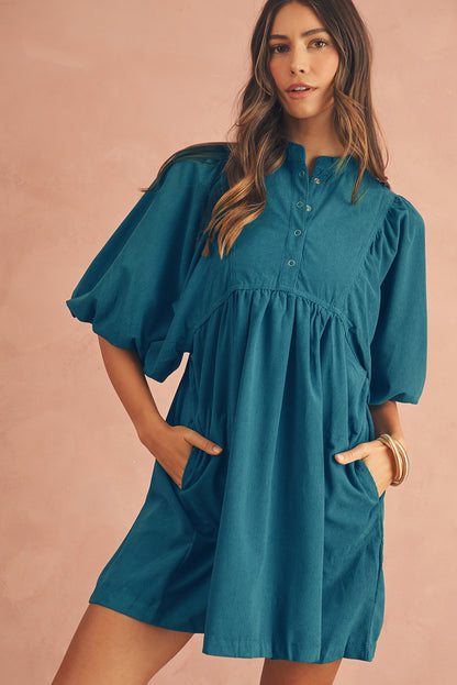 Snap Button Empire Waist Lantern Sleeve Corduroy Dress