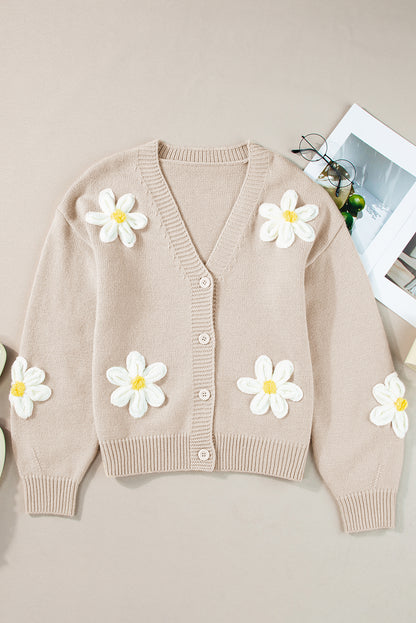 Parchment Elegant Flower Decor Button Front Cardigan