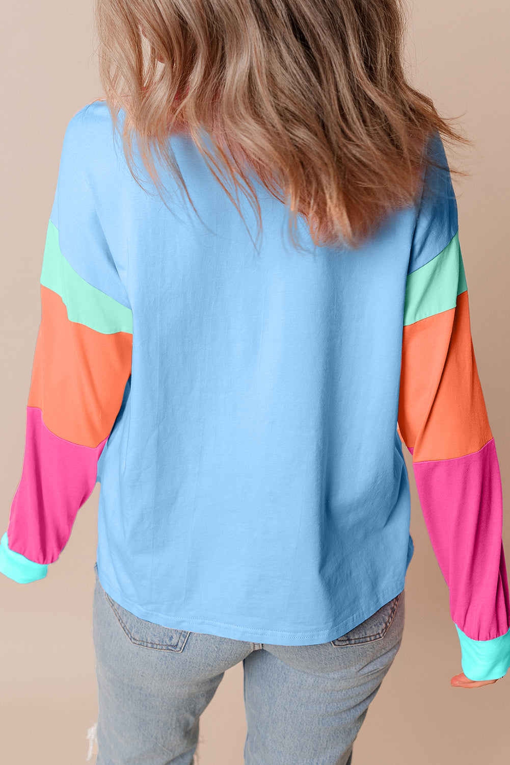 Blue Colorblock Long Sleeve Loose Top