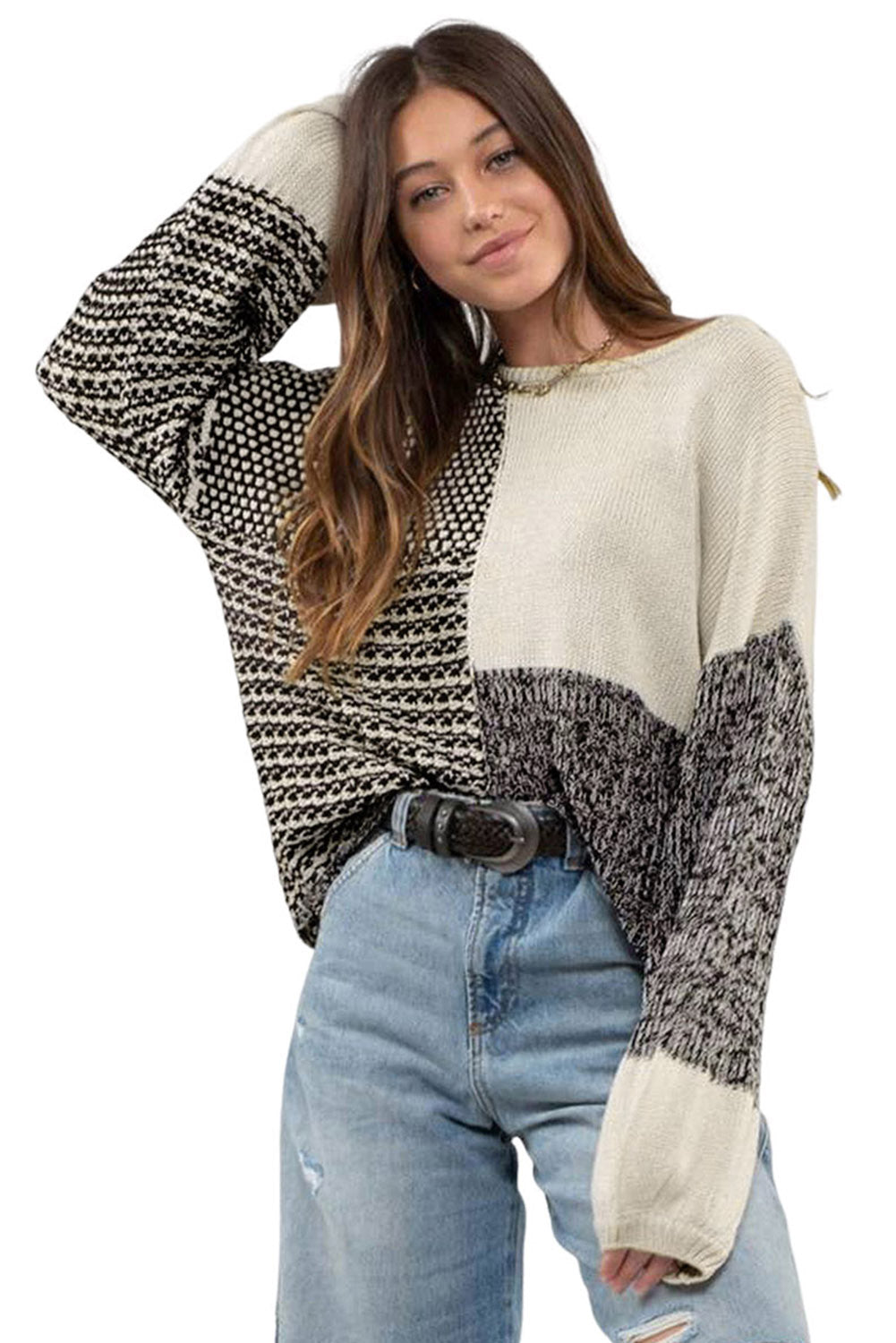 Colorblock Tie Back Drop Shoulder Knit Sweater