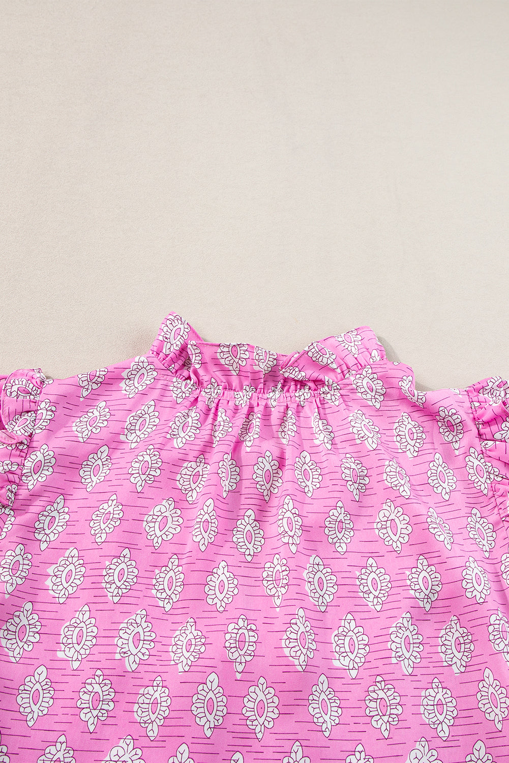 Pink Vintage Floral Ruffled Split Neck Blouse