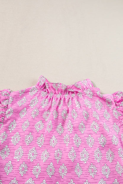 Pink Vintage Floral Ruffled Split Neck Blouse