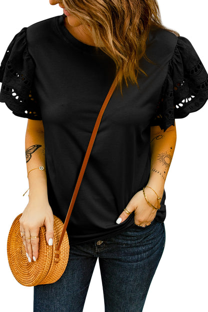 Black Hollow Out Ruffle Sleeve T-shirt