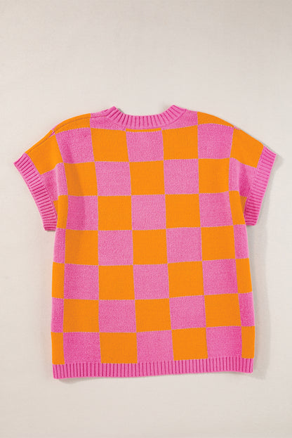 Strawberry Pink Colorblock Plaid Knit Dolman Top