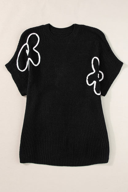 Black Flower Embroidery Sweater Top