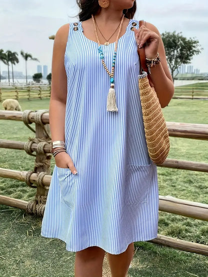 Plus Size Striped Pocket Button Shift Dress