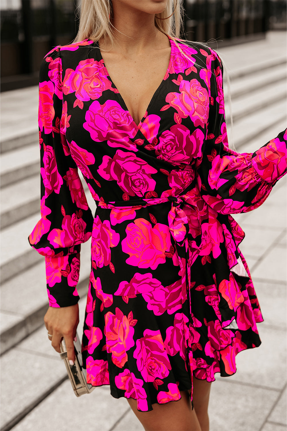 Rose Floral Print V Neck Ruffle Tiered Mini Dress